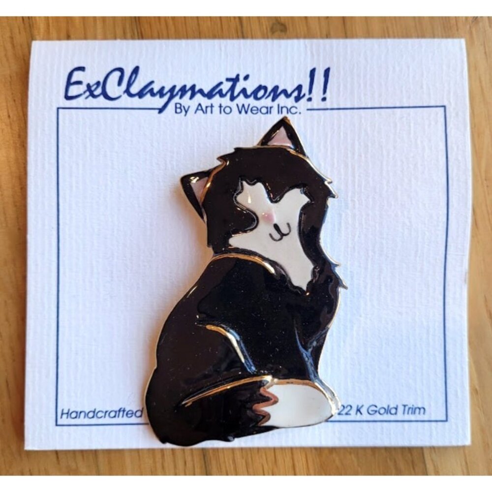 NEW Vintage ExClaymations Art to Wear Porcelain Kitten Cat 22K Gold Pin Brooch